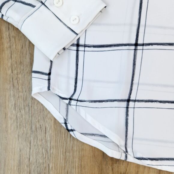 ☔️🩵H&M Ivory & Gray Windowpane Buttoned Front Long Sleeve Top Size 4 - Picture 11 of 12